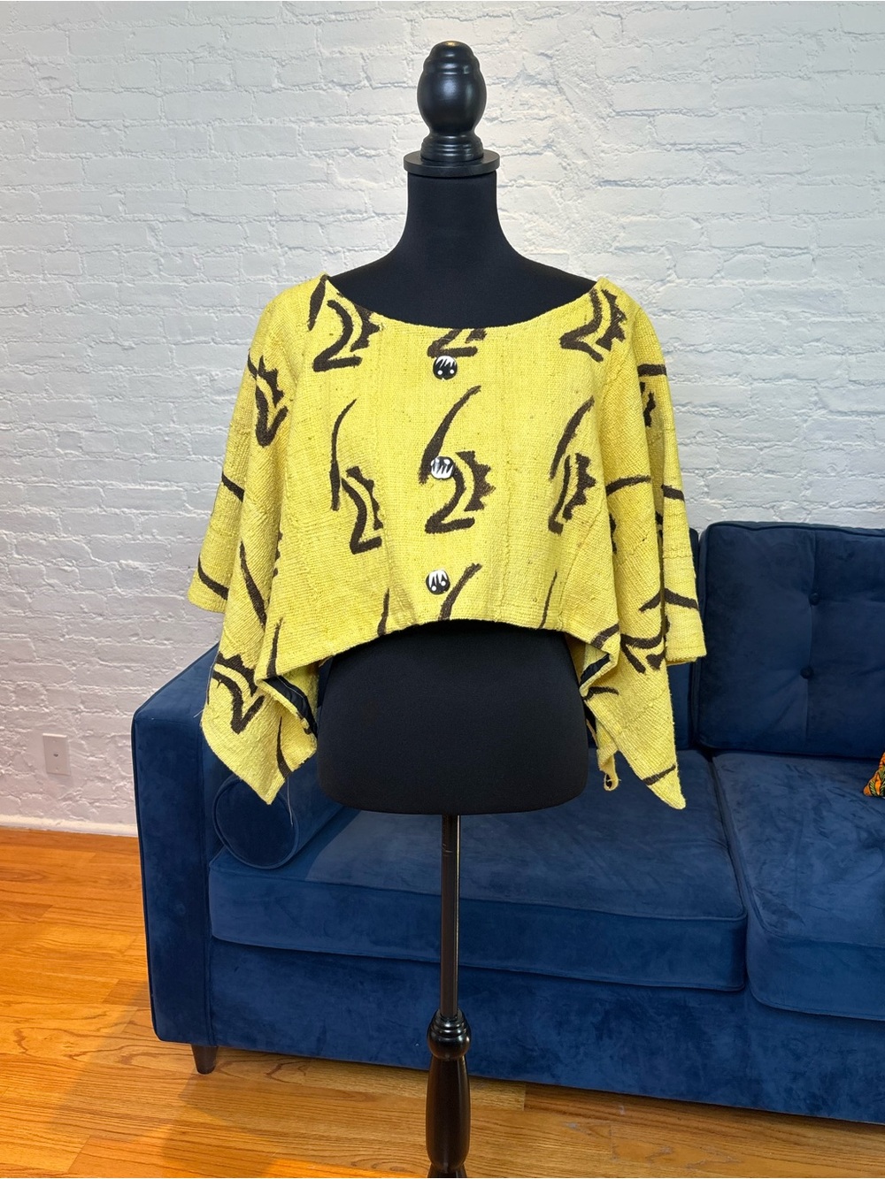Yellow African Mudcloth Patterned Cropped Poncho / Shrug / Cape